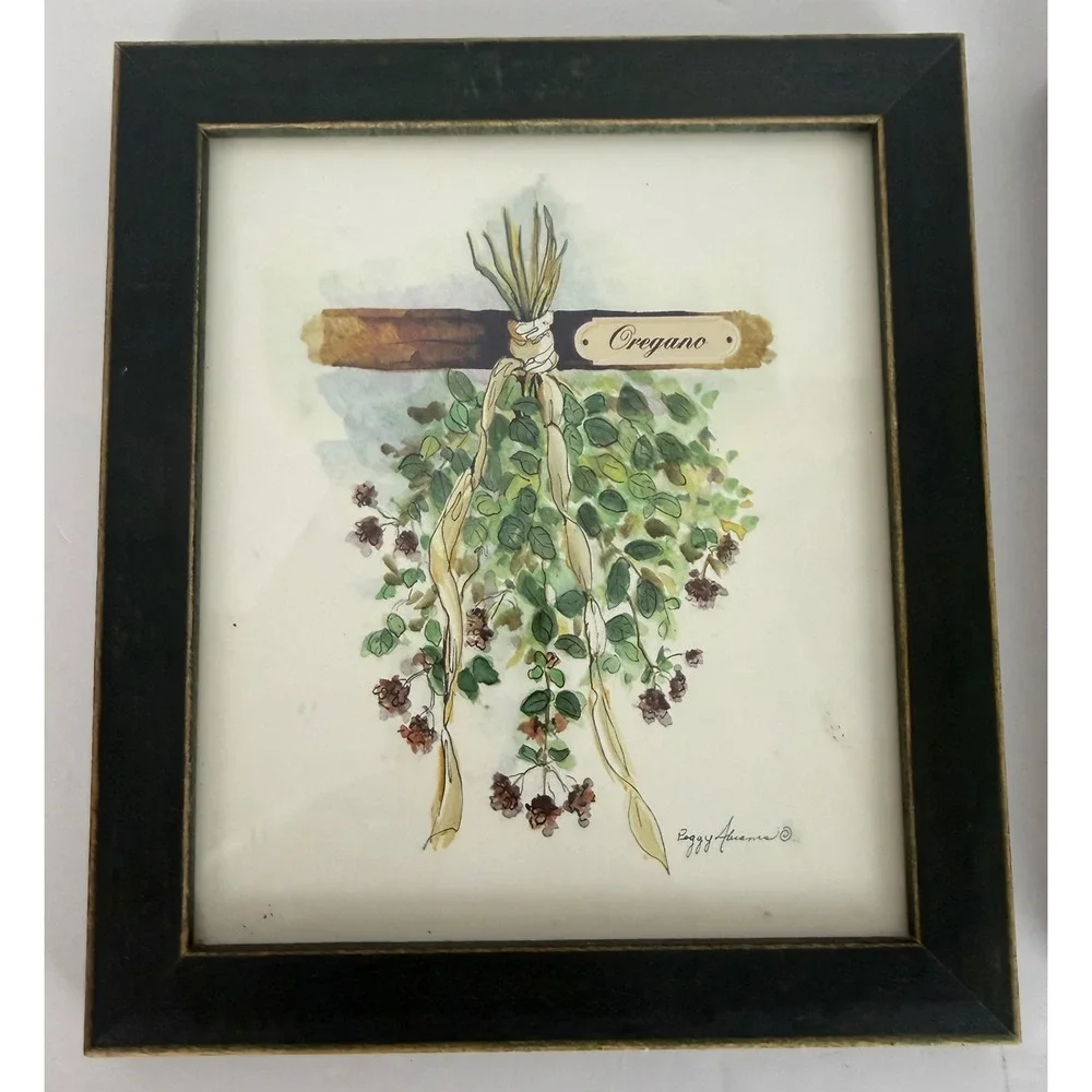Vtg Set of 2 Peggy Abrams‎ Cottage Herbs Oregano/Basil Framed Prints Green